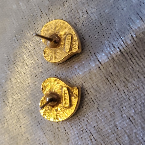 Vintage AVON SIGNED Gold Tone Black ONYX & Rhinestone Heart Pierced Earrings - Picture 3 of 4